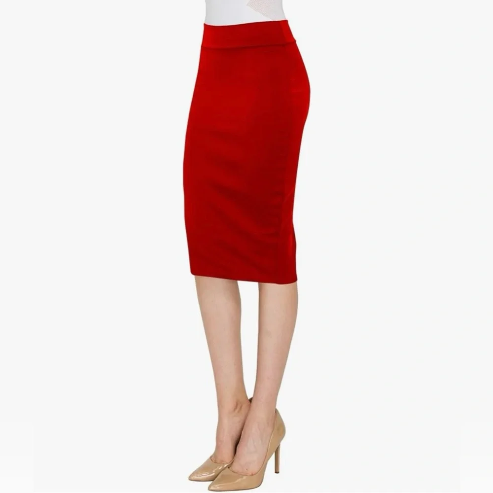 Women's Elastic Waist Stretch Bodycon Midi Knee Length Pencil Skirt for Office - Picture 2 of 5